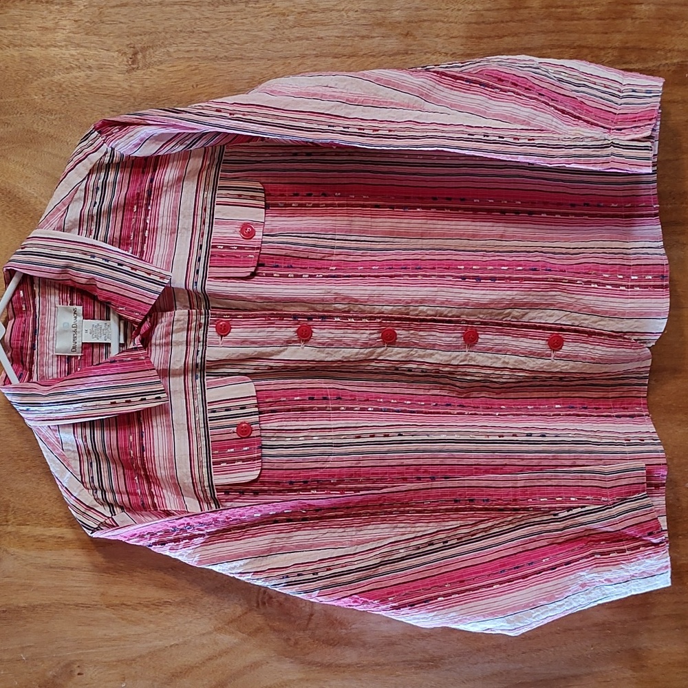 Draper's&Damon's Shimmer Stripe Cotton Blend Shacket Pink White Button Front 1X